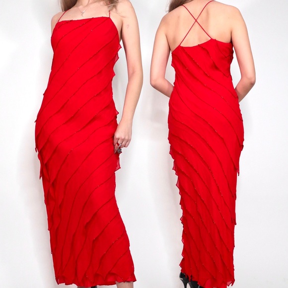 90s BEADED RED PROM DRESS - Picture 4 of 4